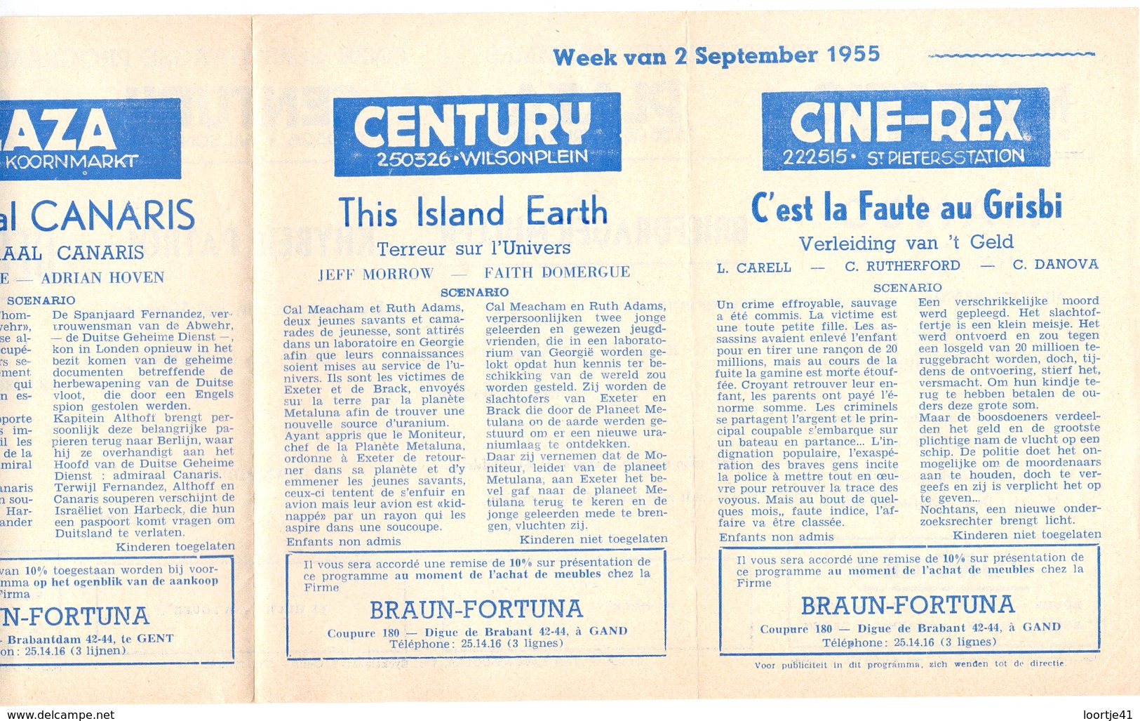 Ciné  Bioscoop Programma Cinema Majestic - Rex - Century - Savoy - Select - Gent - 2 September 1955 - Publicité Cinématographique