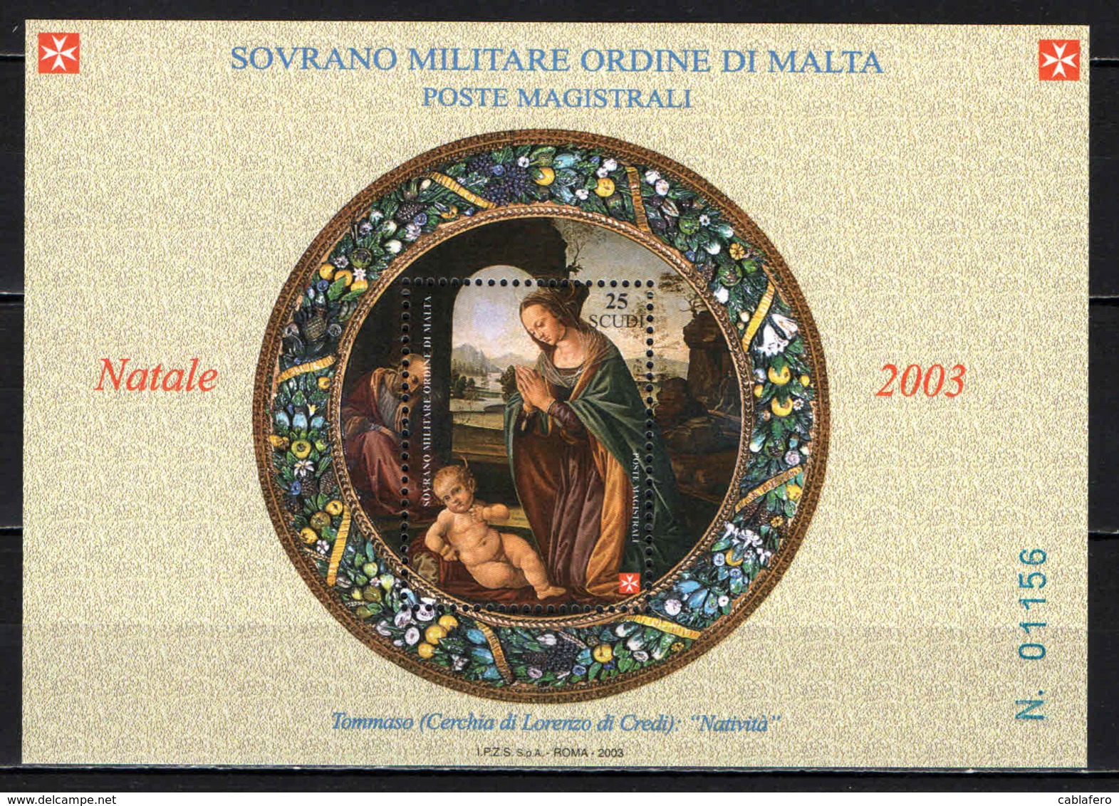 SMOM - 2003 - NATALE - "NATIVITA'" DI TOMMASO (CERCHIA DI LORENZO DI CREDI) - FOGLIETTO - SOUVENIR SHEET - MNH - Sovrano Militare Ordine Di Malta