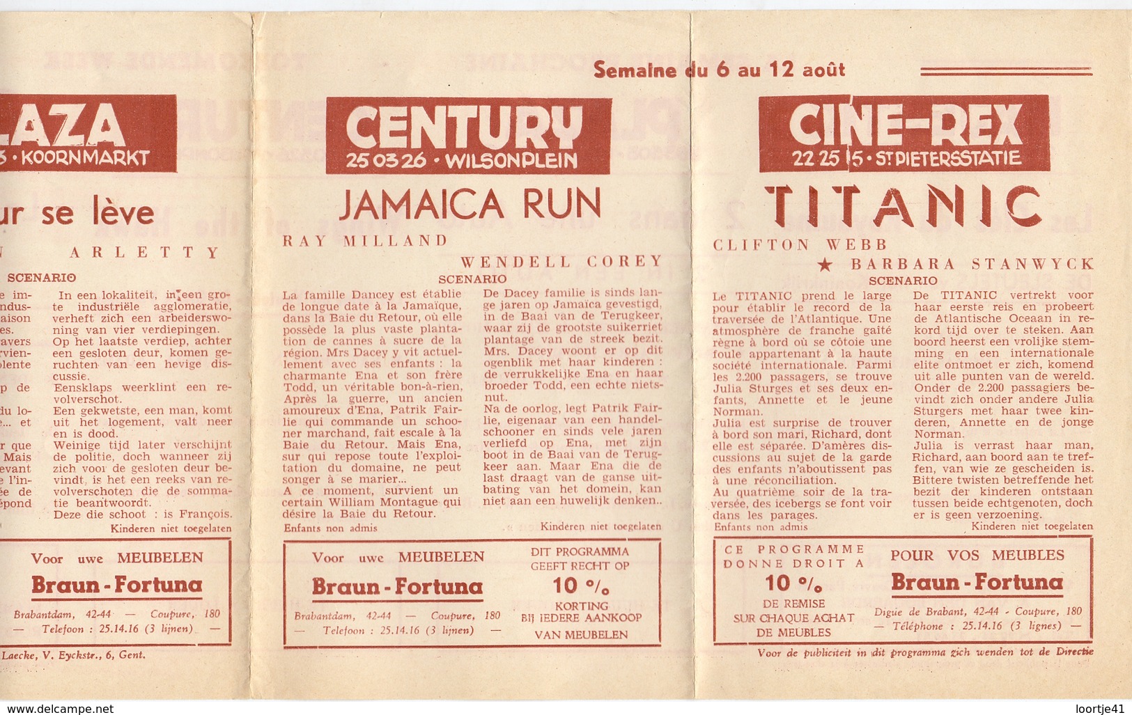 Ciné  Bioscoop Programma Cinema Majestic - Rex - Century - Savoy - Select - Gent - 6 Aug. 1953 - Titanic - Publicité Cinématographique