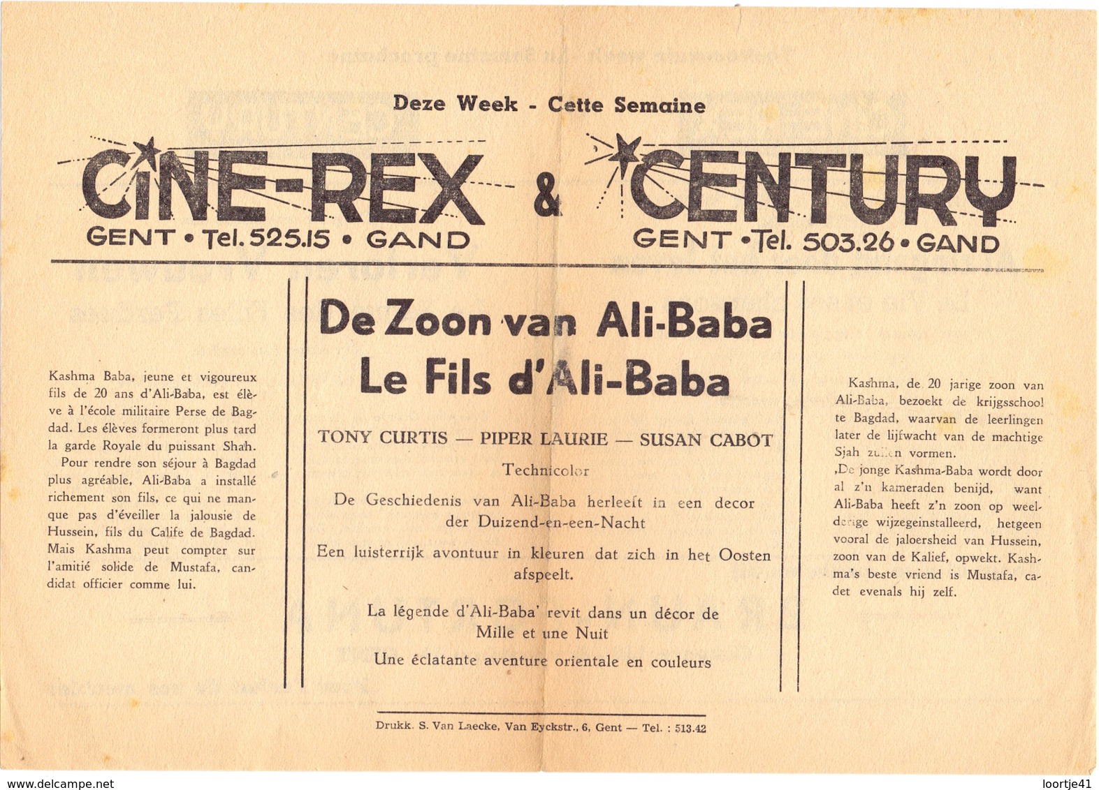 Ciné  Bioscoop Programma Programme Cinema - Ciné Rex & Century - De Zoon Van Ali Baba - Tony Curtis - Publicité Cinématographique