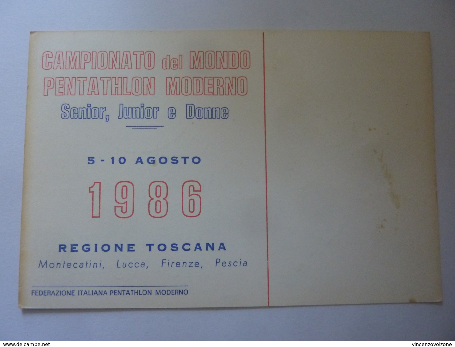 Cartolina Postale Viaggiata "CAMPIONATO  DEL MONDO DI PENTATHLON Regione Toscana" Autografo Daniele Masala 1986 - Autres & Non Classés