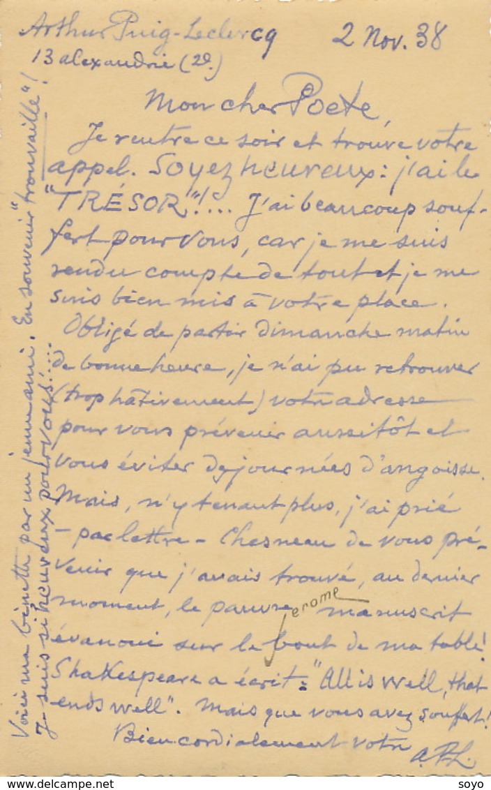 Carte Dessin Par Pierre Odoul De Arthur Puig Leclercq  1938 Trésor Manuscrit Shakespeare Format 8/12,5 Cms - Autres & Non Classés