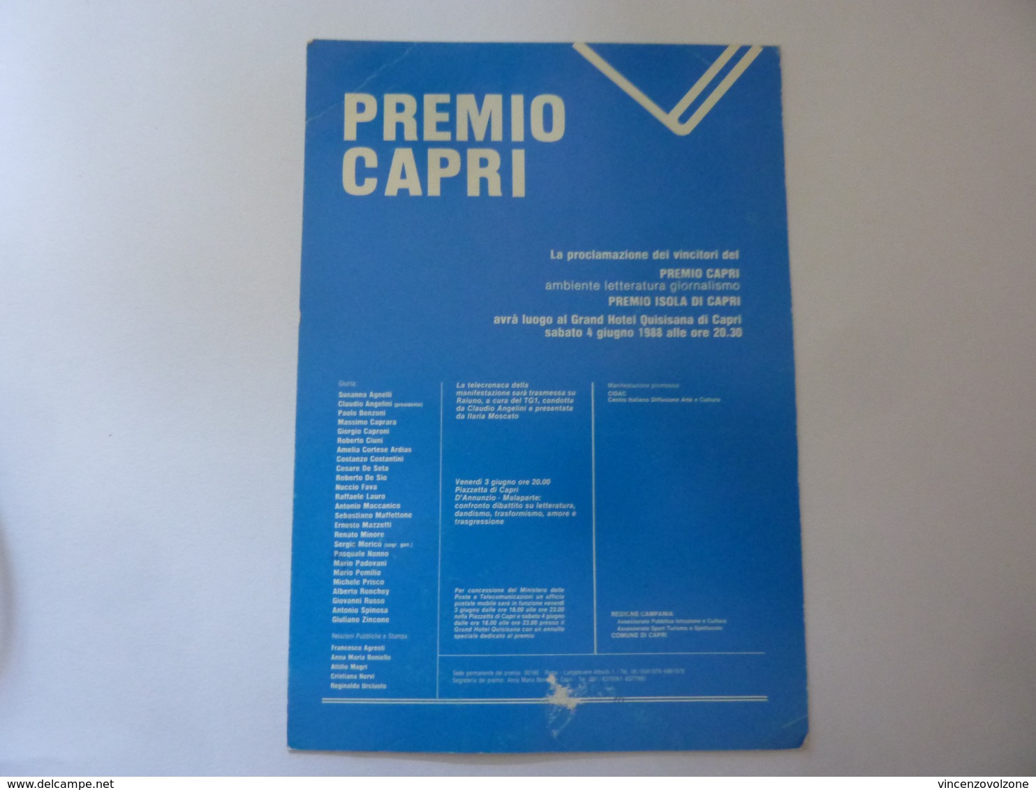 Cartolina  Viaggiata "PREMIO ISOLA DI CAPRI 1988" Autografi Giuria - Manifestazioni