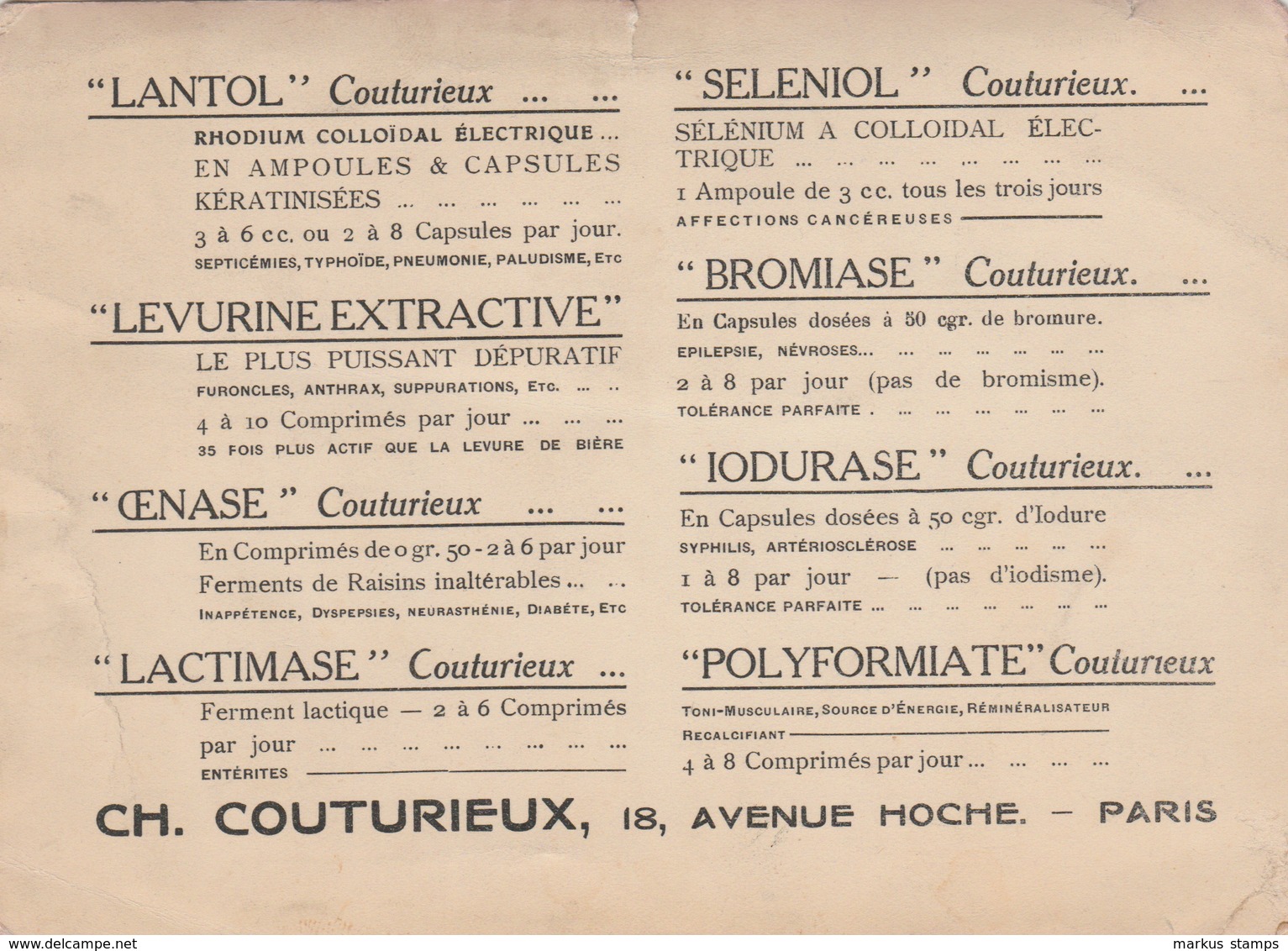 Pharmacy And Apothecary Advertise On Paper, Antique Drugstore Vintage Pills, Drugs, Medicine - Charles Couturieux, Paris - Werbung