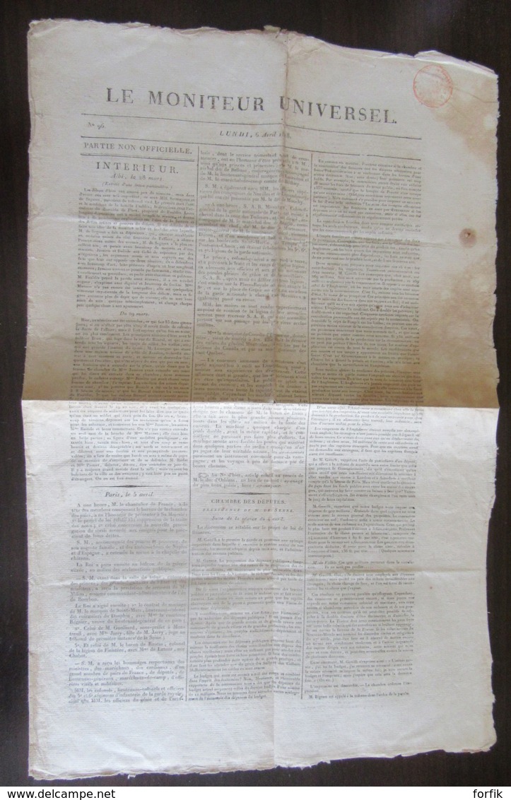 France - Journal Le Moniteur Universel N°96 Du 6 Avril 1818 - Cachet Timbre Royal 6c Rouge - 1800 - 1849