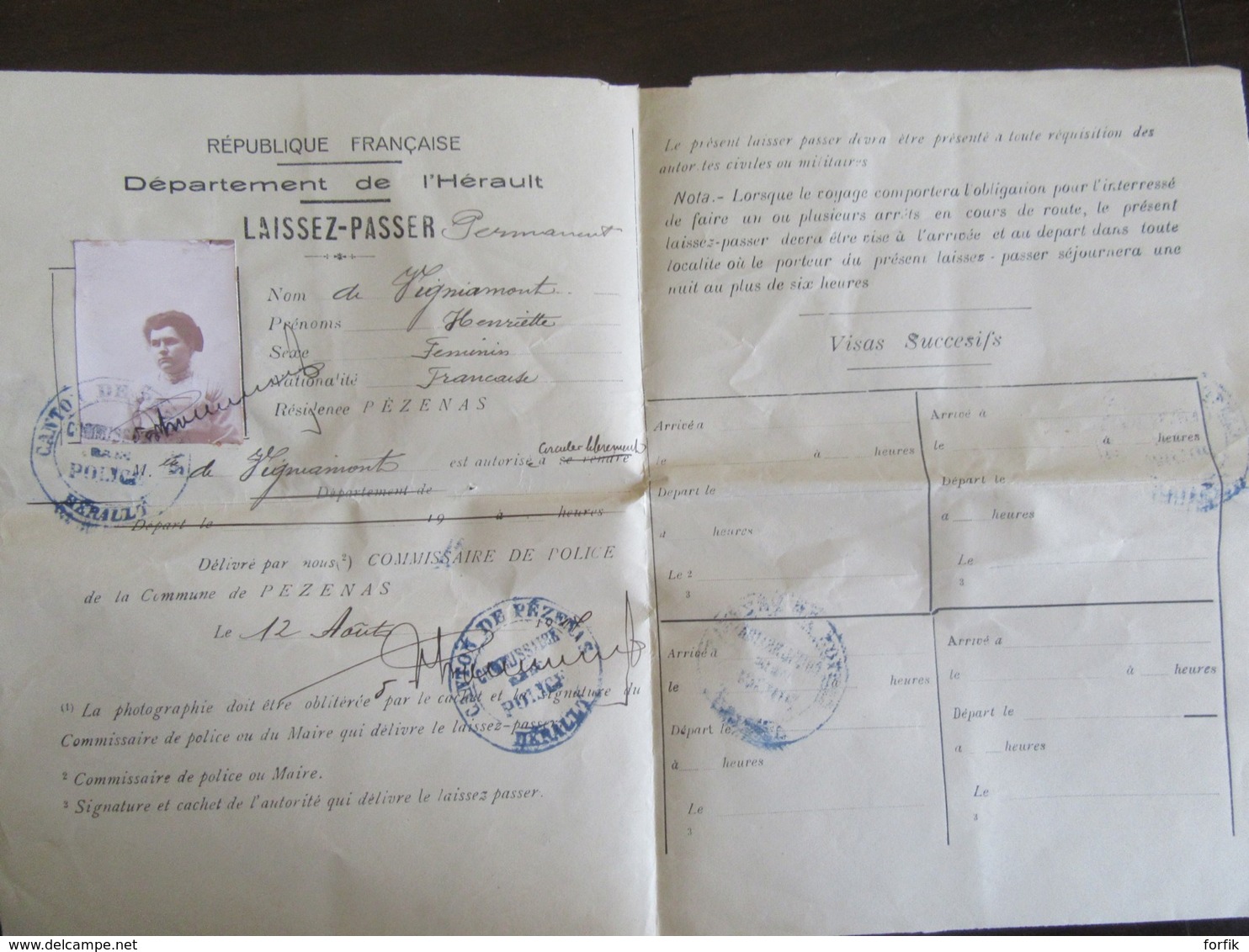 France - Guerre 14-18 - Lot De 4 Laissez-passer Permanents Sur Papier Filigrané - Canton De Pézenas - Datés 1914 Et 1917 - Documents Historiques