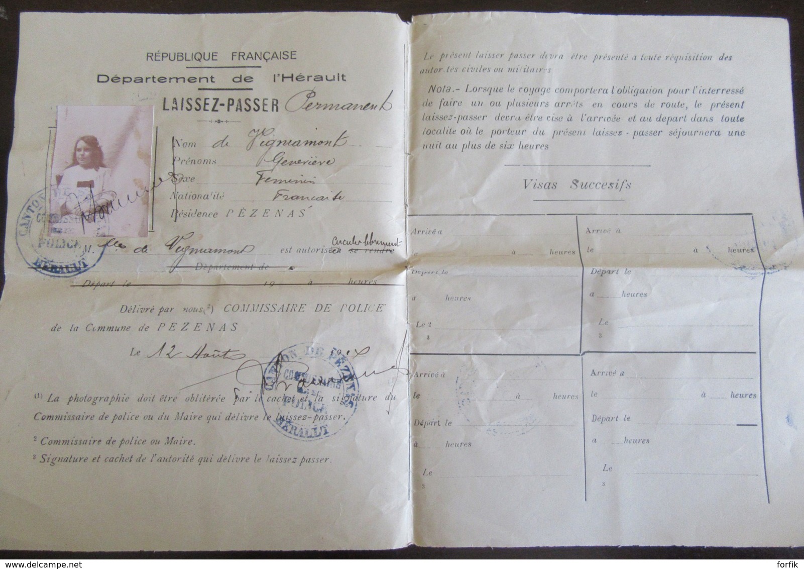 France - Guerre 14-18 - Lot De 4 Laissez-passer Permanents Sur Papier Filigrané - Canton De Pézenas - Datés 1914 Et 1917 - Documents Historiques