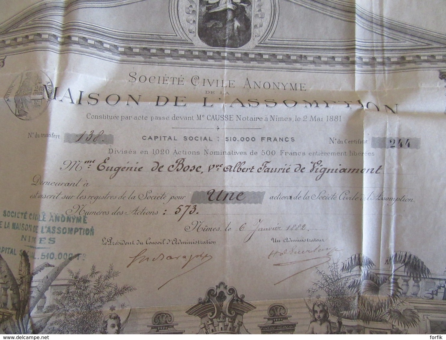 France - Superbe Action Datée 1882 De La Société Civile Anonyme De La Maison De L'Assomption à Nîmes - Complète - M - O