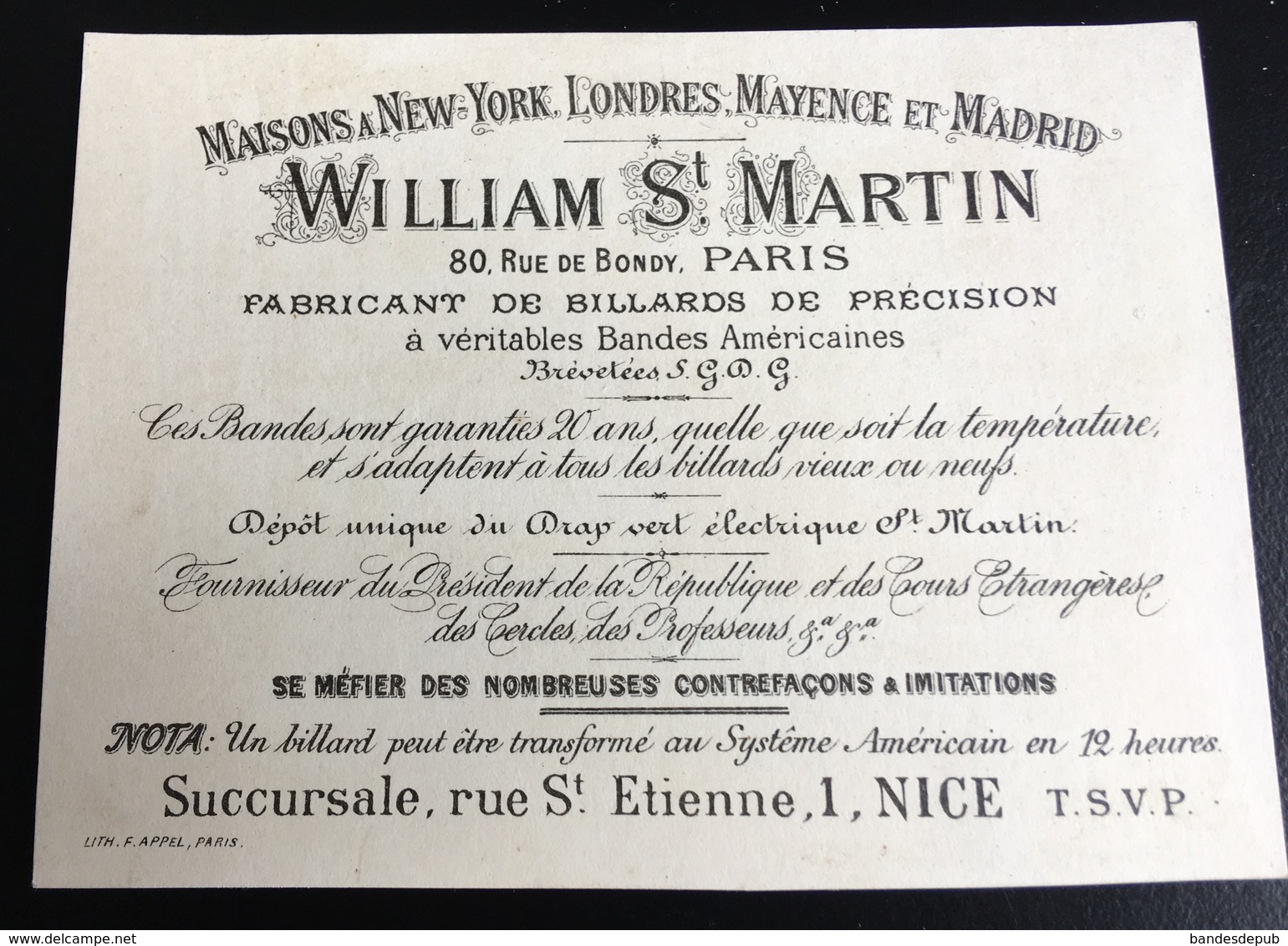 PARIS Suc NICE RARE CHROMO BILLARD WILLIAM ST MARTIN--MATCH INTERNATIONAL VIGNAUX ET SLOSSON Lith Appel 1882 - Autres & Non Classés