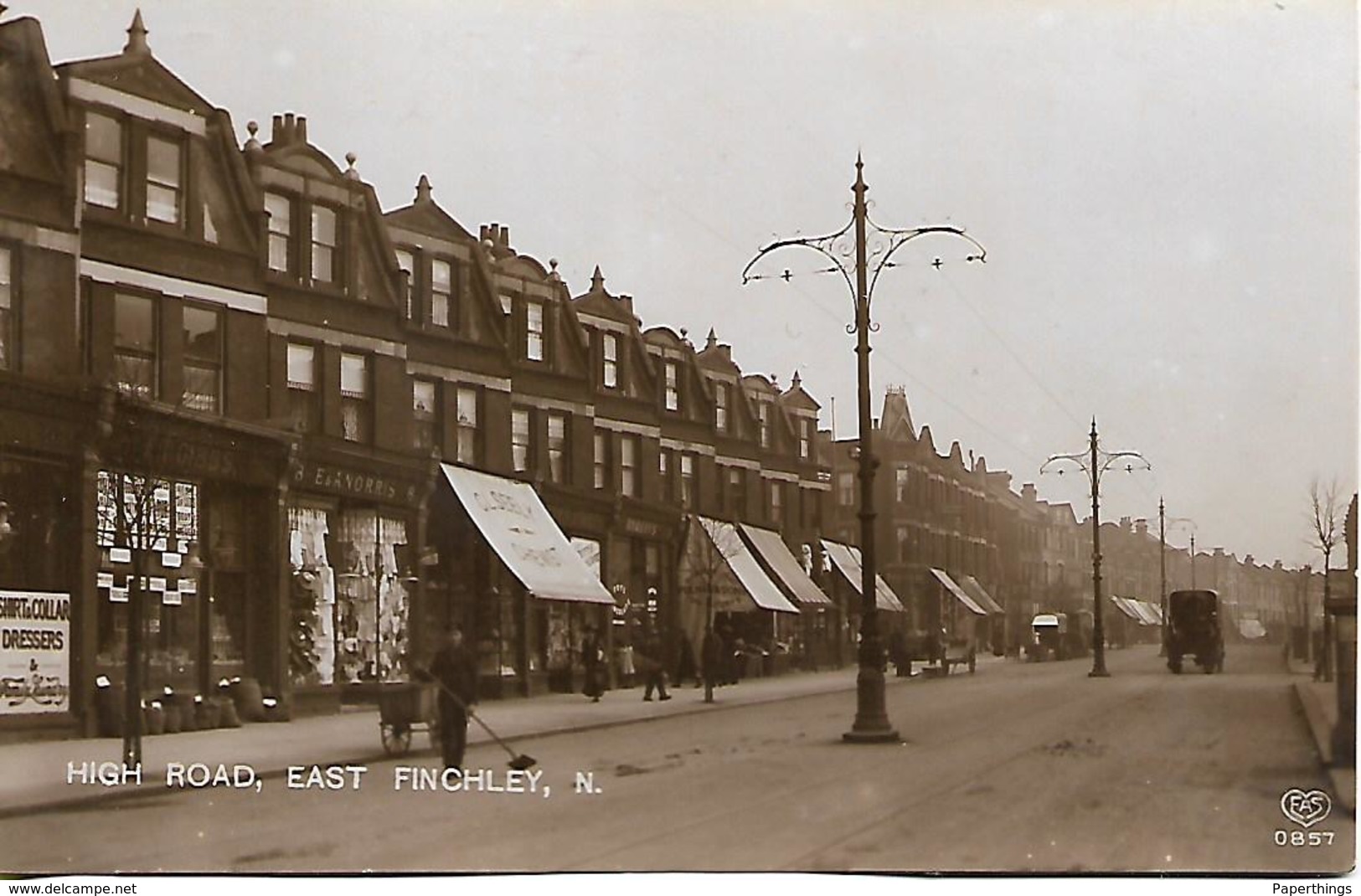 Old Real Photo Postcard, Barnet, High Road East Finchley, Shops, Street, Horse And Cart, Road Sweeper. - London Suburbs