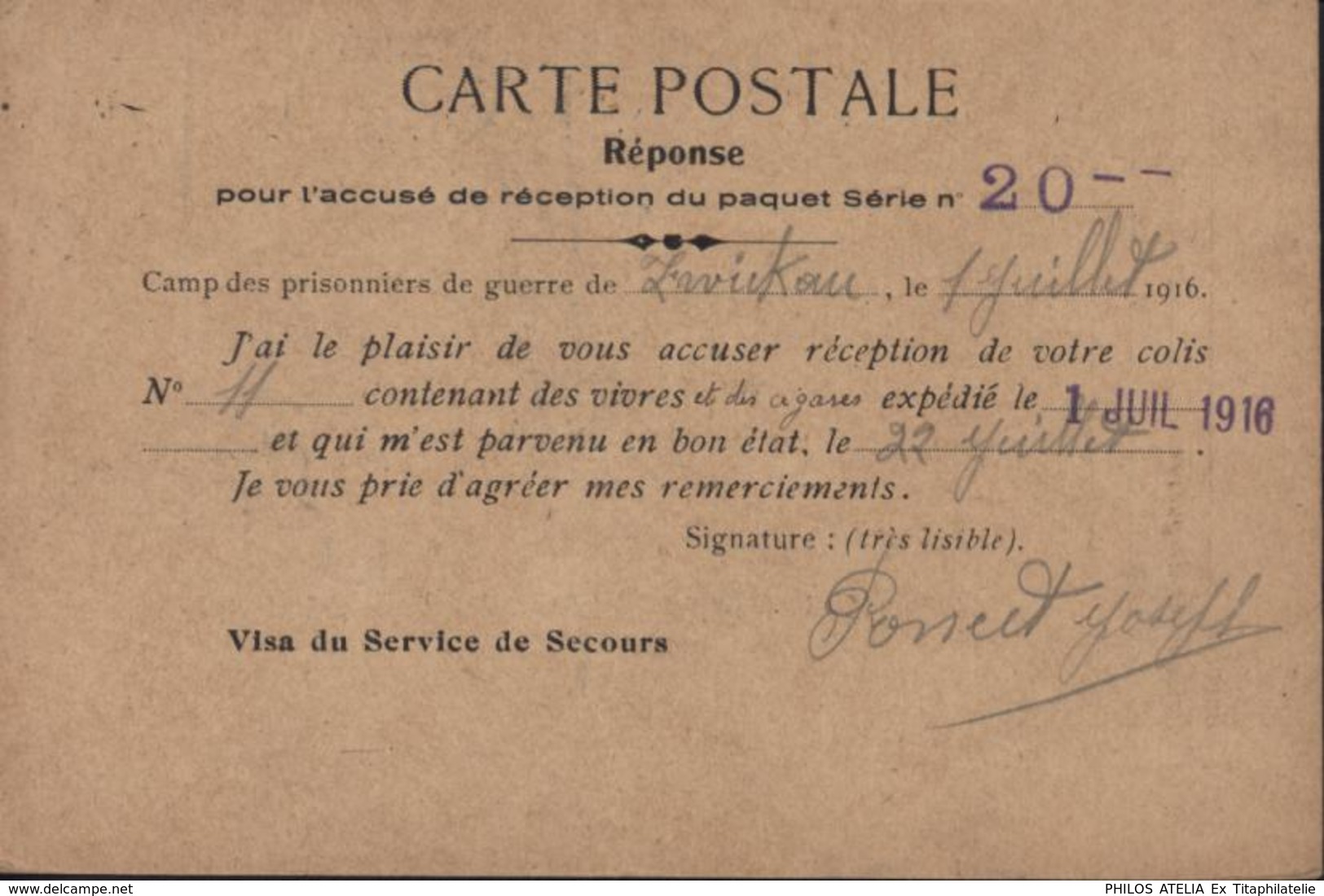 Guerre 14 Accusé Réception Colis Comité D'arrondissement Section Prisonniers De Guerre Vienne CAD Zwickau 1916 Censure - Guerre De 1914-18