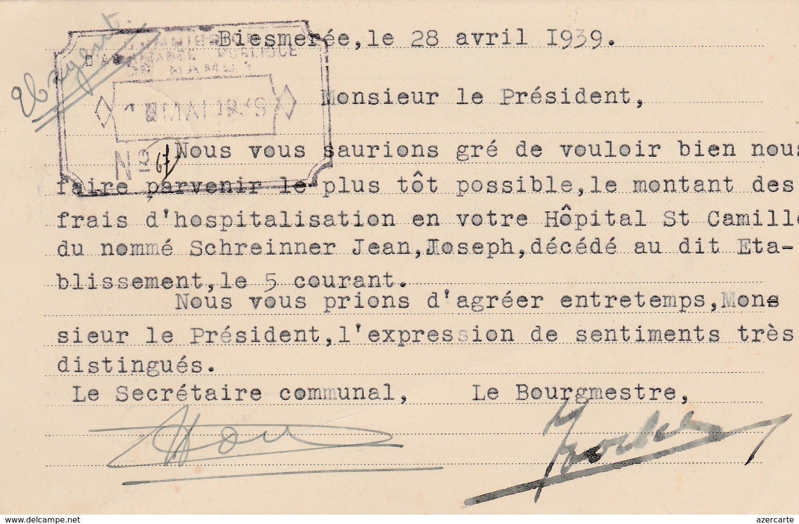 Administration Communale De Biesmerée ,1939 ( Signature Bourgemestre Et Secrétaire Communal ) METTET - Mettet