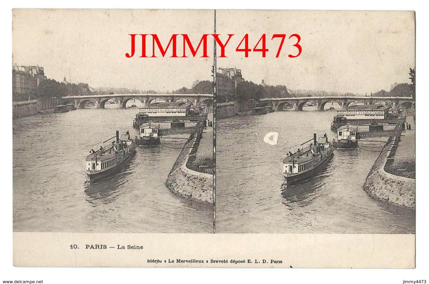 CPA Stéréo - La Seine Bien Animée, Bateaux, Péniches - PARIS - Edit. Le Merveilleux E. L. D. N° 10 - Scans Recto-Verso - La Seine Et Ses Bords