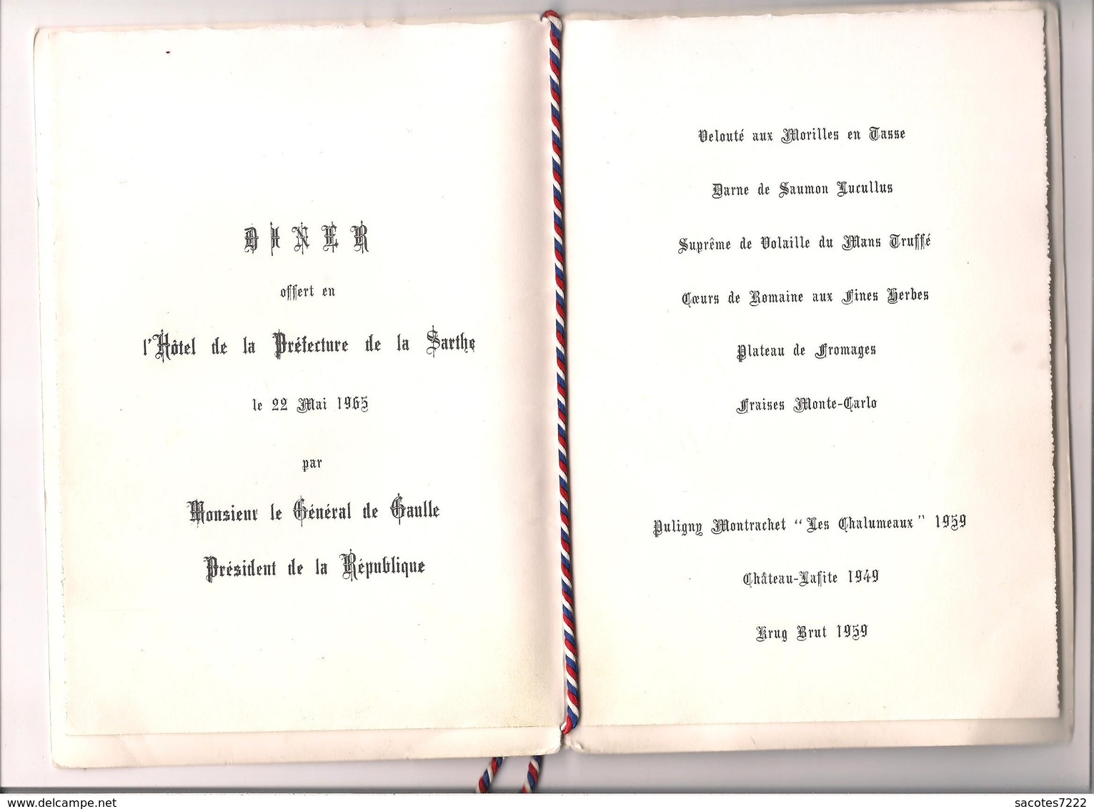 MENU PRESIDENTIEL  GENERAL DE GAULLE PREFECTURE DE LA SARTHE MAI 1965 - (avec CACHET MARIANNE EN FILIGRANE ) - Menu