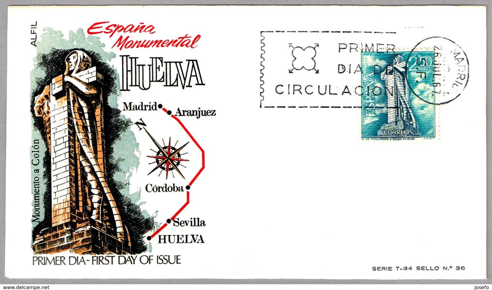 MONUMENTO A COLON (HUELVA - ANDALUCIA). SPD/FDC Madrid 1967 - Monumentos