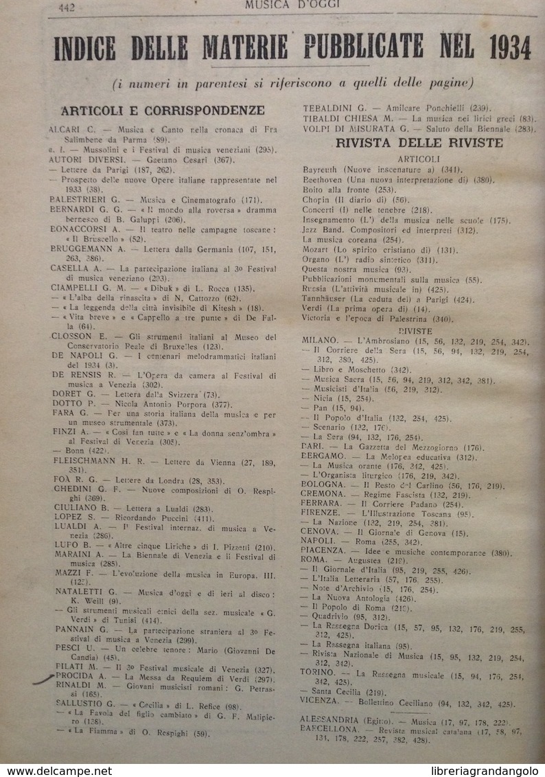 Musica D'Oggi Rassegna Di Vita E Di Coltura Musicale 12 Numeri Annata 1934 - Zonder Classificatie