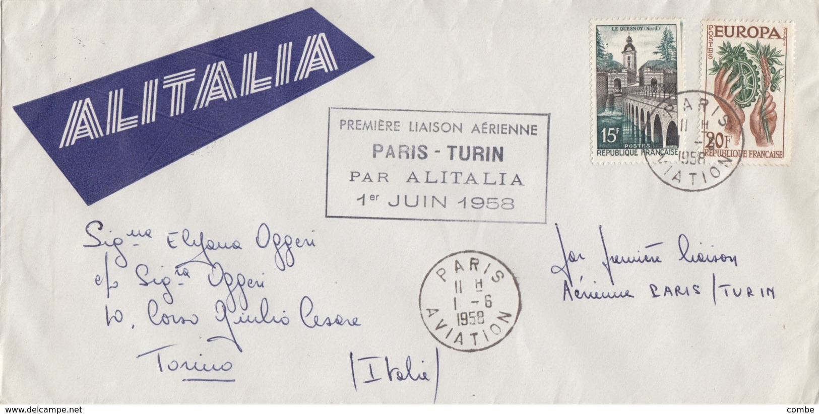 1958 1° LIAISON PARIS TURIN ALITALIA - Premiers Vols