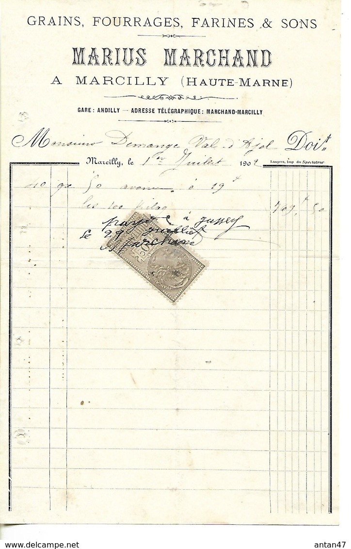 2 Factures 1901- 1902 / 52 MARCILLY / Marius MARCHAND / Grains, Fourrages, Farines & Sons - 1900 – 1949