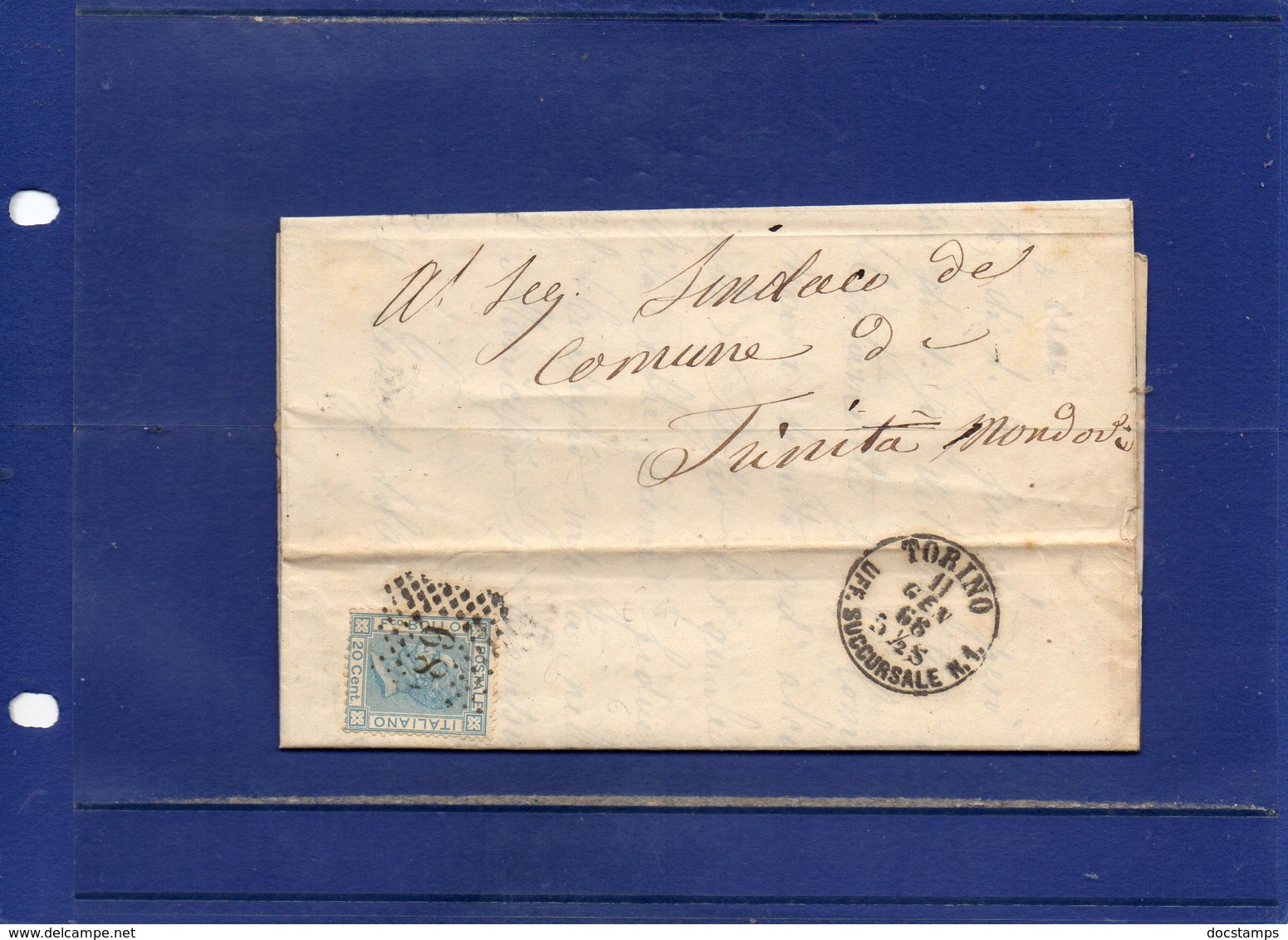 ##(DAN194)-Italy 1866-Piego + Testo, Annullo Numerale A Punti 189 Su Effigie Cent.20 Da Torino A Trinità  Mondovì - Storia Postale