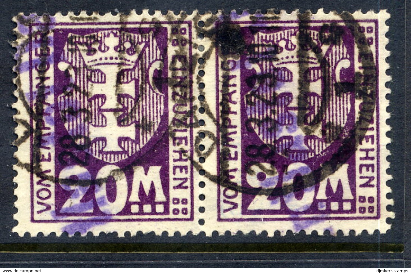 DANZIG 1923 Postage Due 20 Mk. Pair Postally Used, Signed Infla. Michel 22Y €280 - Strafport