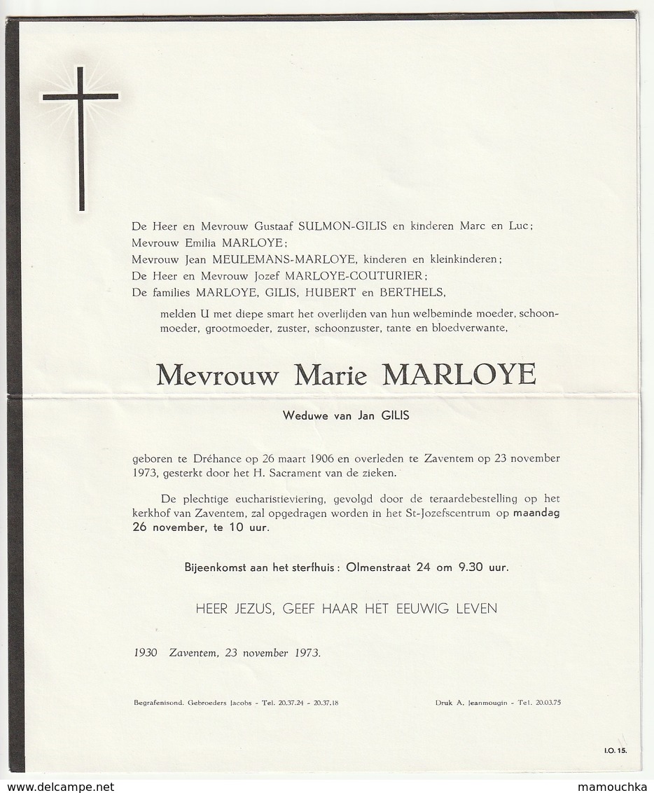 Doodsbrief Marie MARLOYE Wed. Jan Gilis Dréhance 1906 Zaventem 1973 Families Hubert Berthels - Todesanzeige