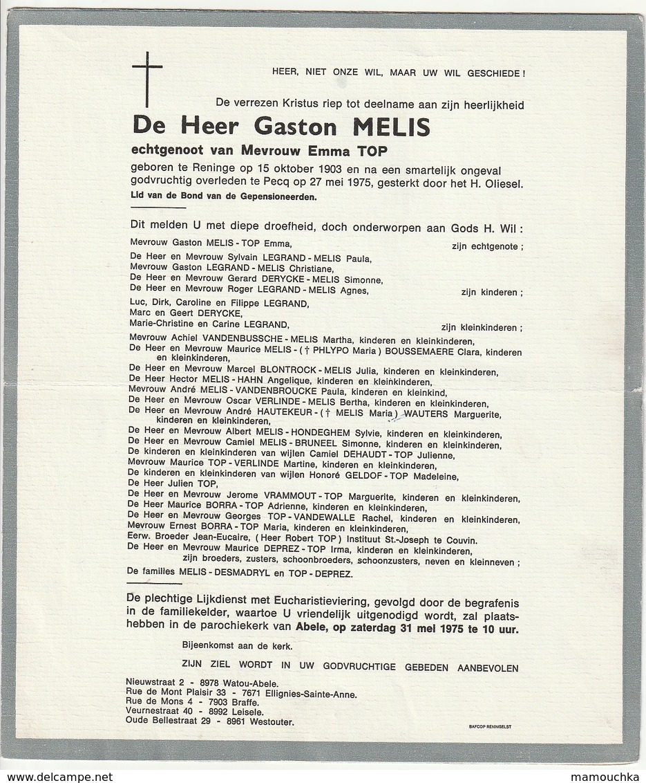 Doodsbrief Gaston MELIS Echtg. Emma Top Reninge 1903 Pecq 1975 Families Desmadryl Deprez - Décès