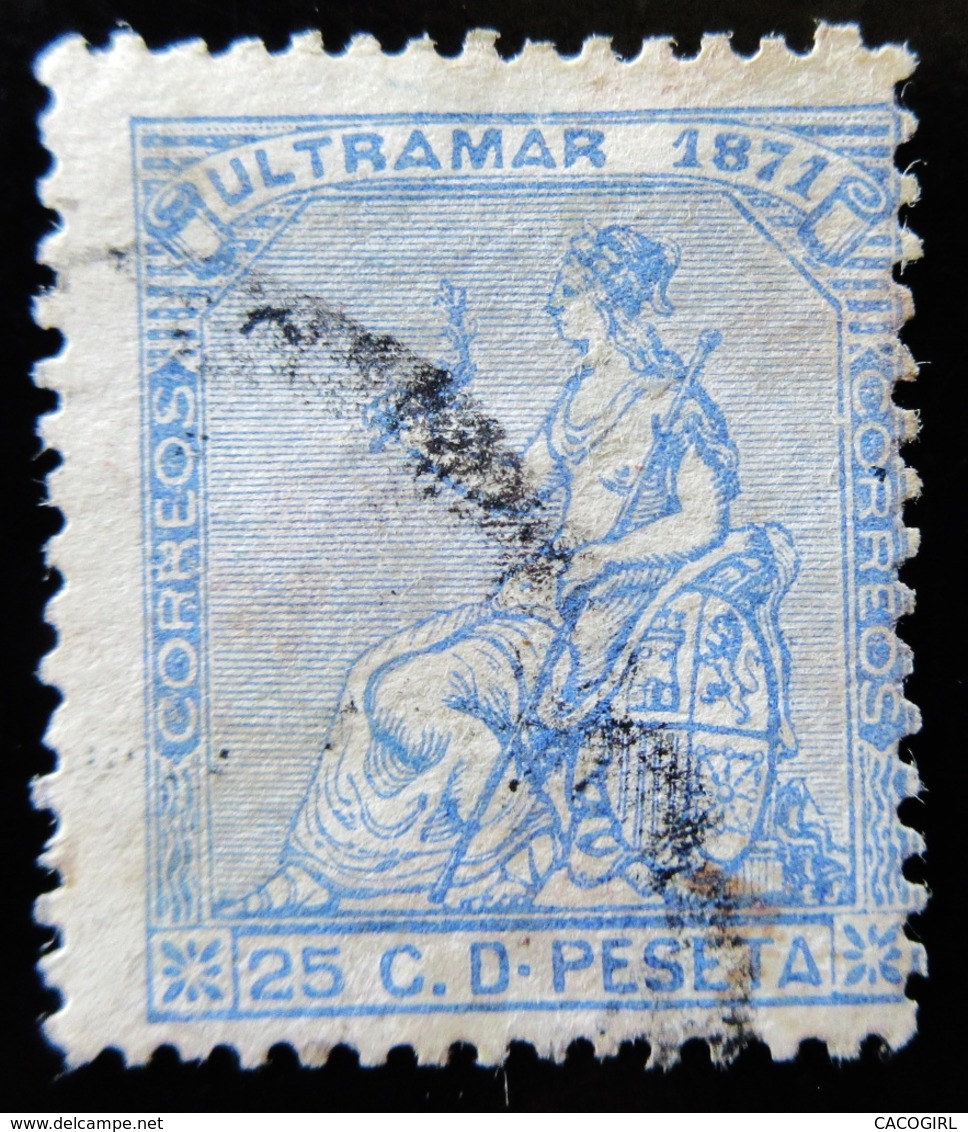 Espagne ULTRAMAR 25 C Bleu. Allegory Of Spain  Oblitéré - Cuba (1874-1898)