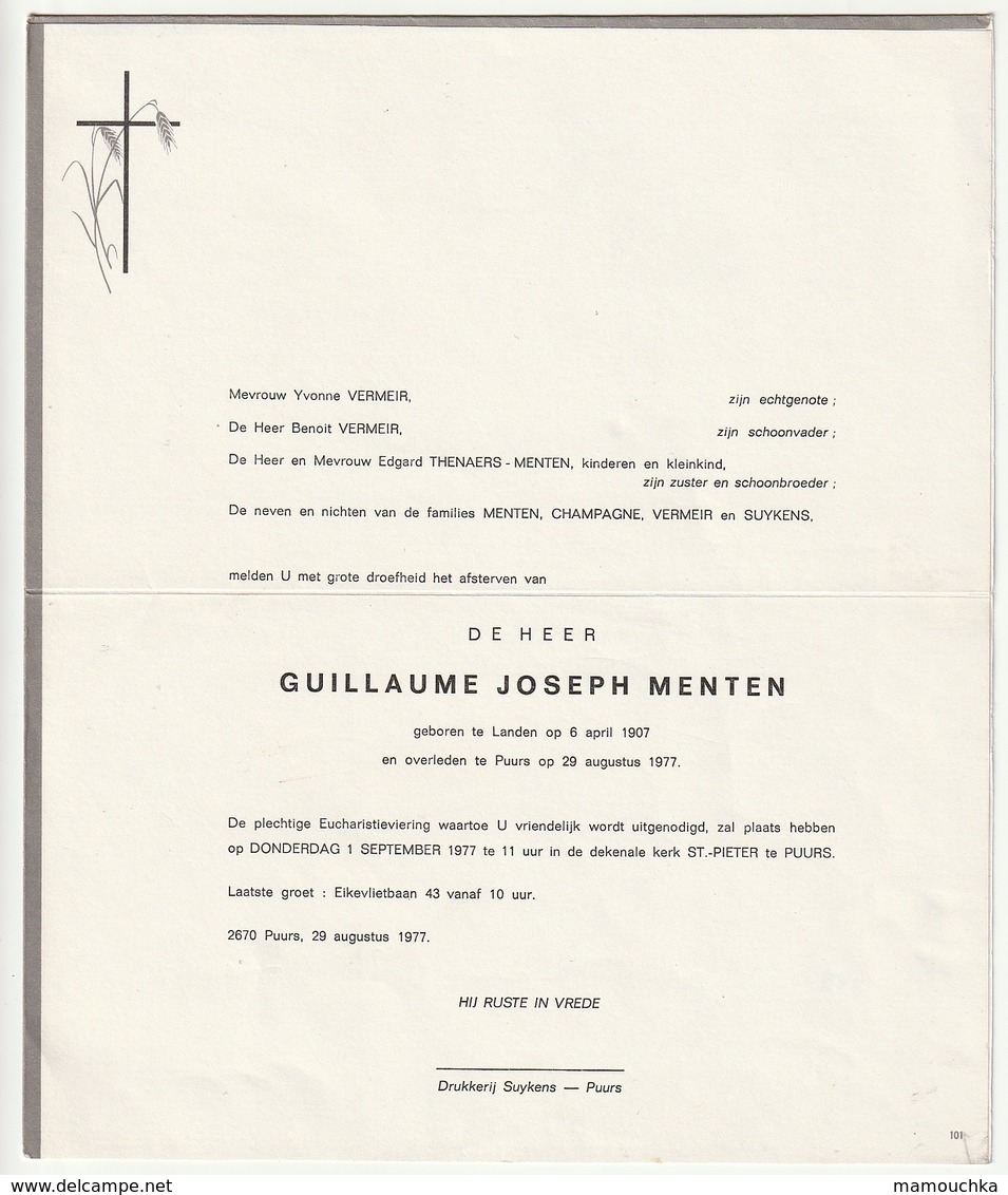 Doodsbrief Guillaume Joseph MENTEN Landen 1907 Puurs 1977 Families Champagne Vermeir Suykens - Décès