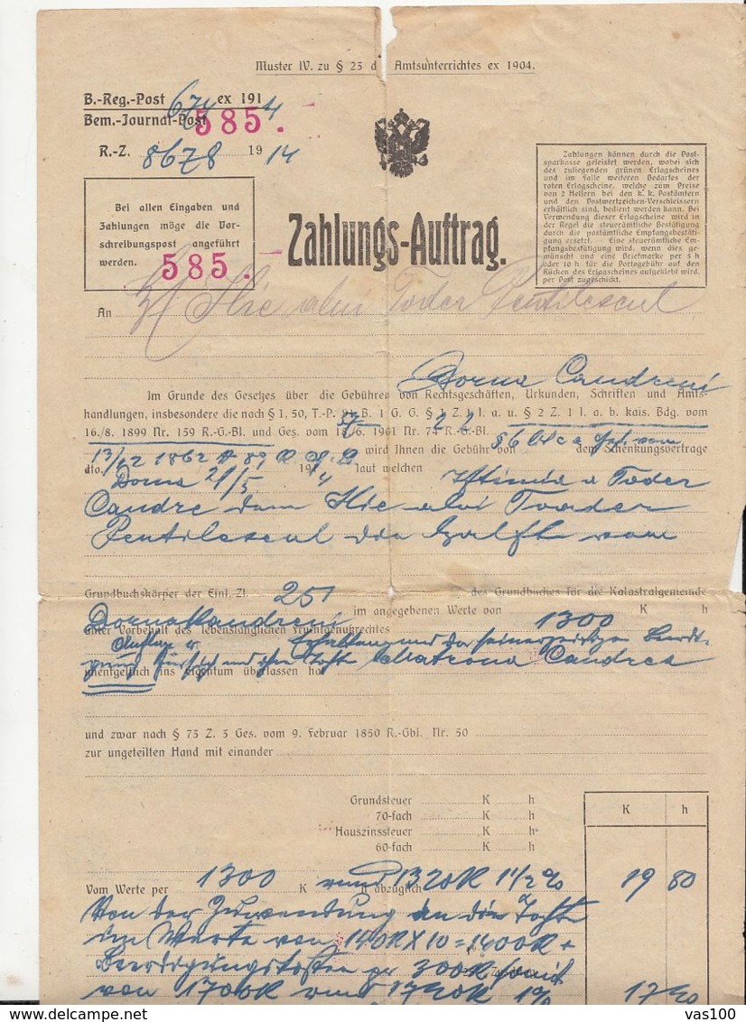 PAYMENT ORDER, AUSTRO-HUNGARIAN OCCUPATION IN BUKOVINA, 1916, AUSTRIA - Autriche