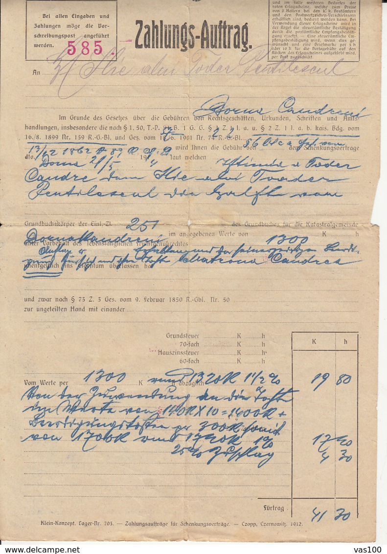 PAYMENT ORDER, AUSTRO-HUNGARIAN OCCUPATION IN BUKOVINA, 1916, AUSTRIA - Österreich