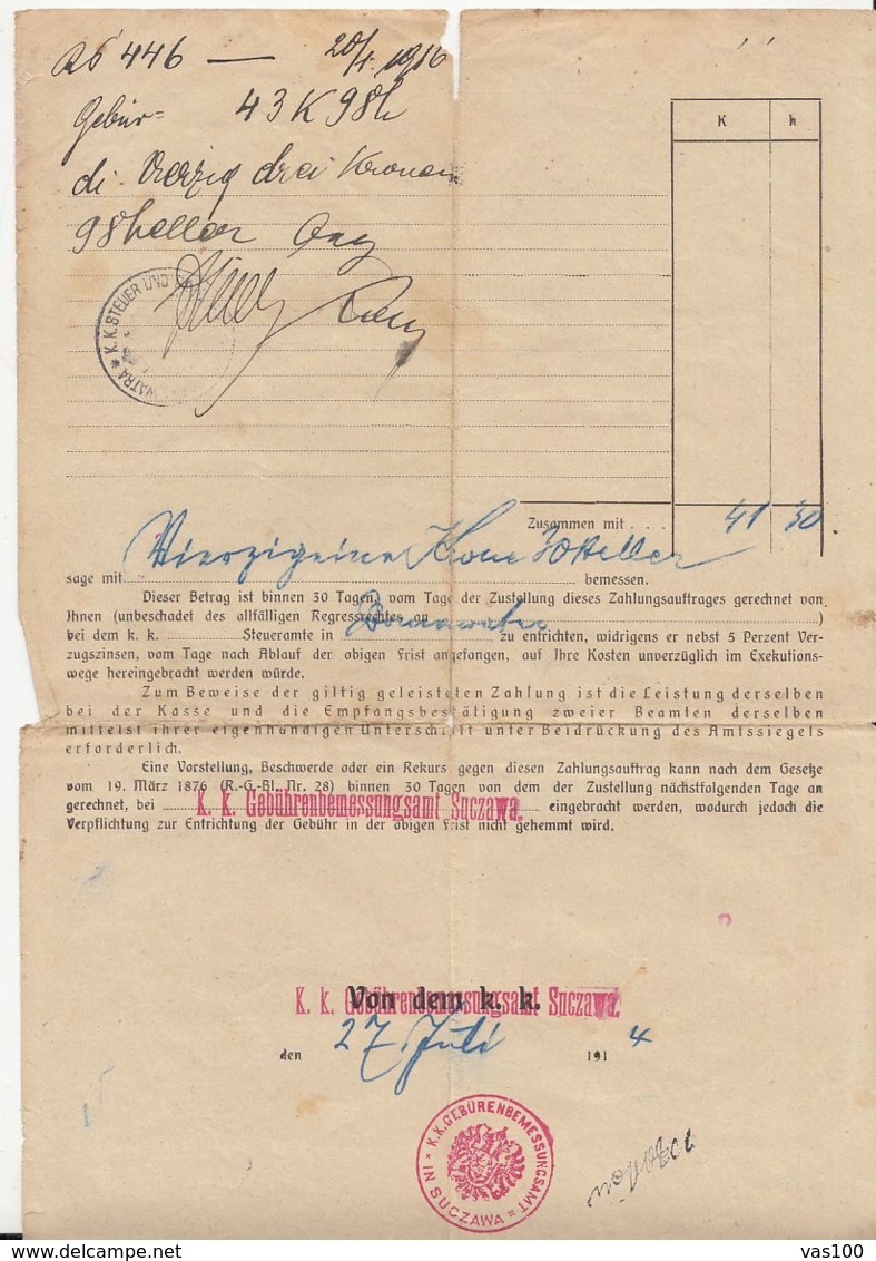 PAYMENT ORDER, AUSTRO-HUNGARIAN OCCUPATION IN BUKOVINA, 1916, AUSTRIA - Autriche