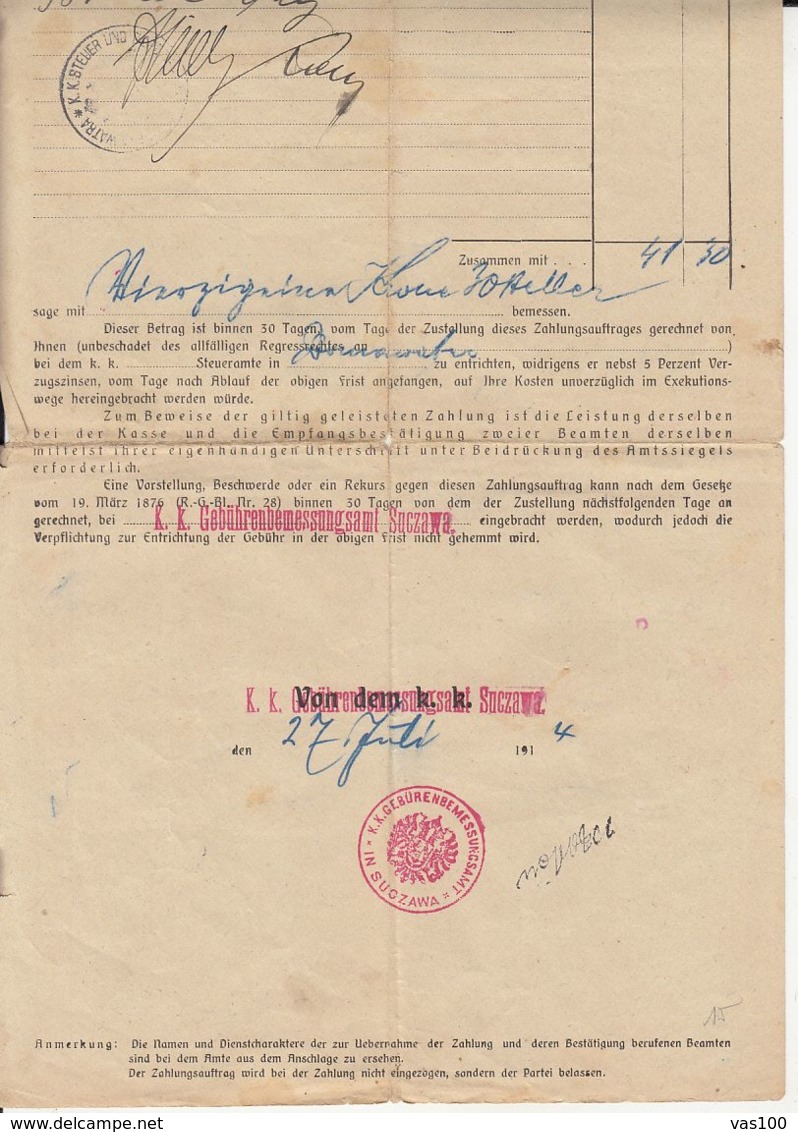 PAYMENT ORDER, AUSTRO-HUNGARIAN OCCUPATION IN BUKOVINA, 1916, AUSTRIA - Austria