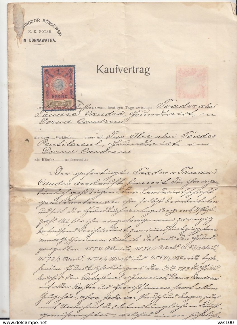 PURCHASE CONTRACT, AUSTRO-HUNGARIAN OCCUPATION IN BUKOVINA, REVENUE STAMP, 1909, AUSTRIA - Österreich