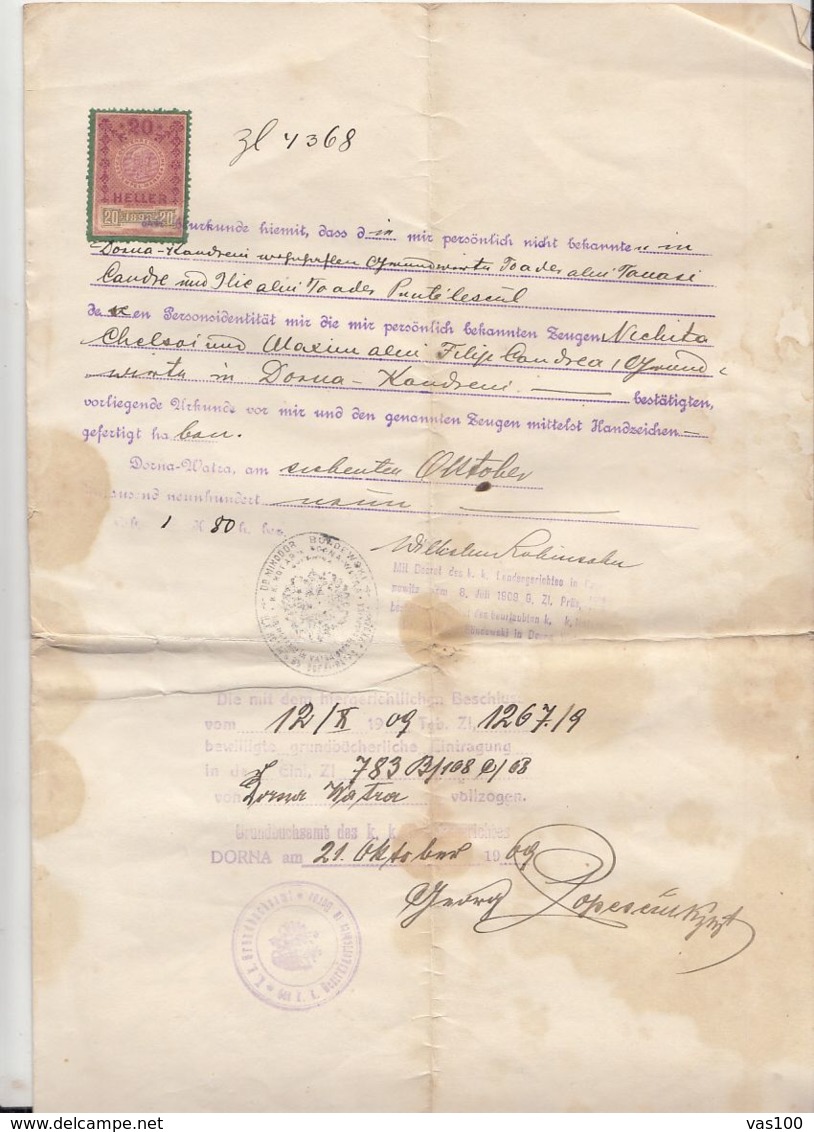 PURCHASE CONTRACT, AUSTRO-HUNGARIAN OCCUPATION IN BUKOVINA, REVENUE STAMP, 1909, AUSTRIA - Autriche