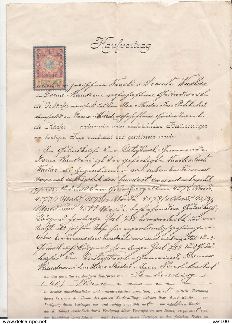 PURCHASE CONTRACT, AUSTRO-HUNGARIAN OCCUPATION IN BUKOVINA, REVENUE STAMP, 1900, AUSTRIA - Autriche