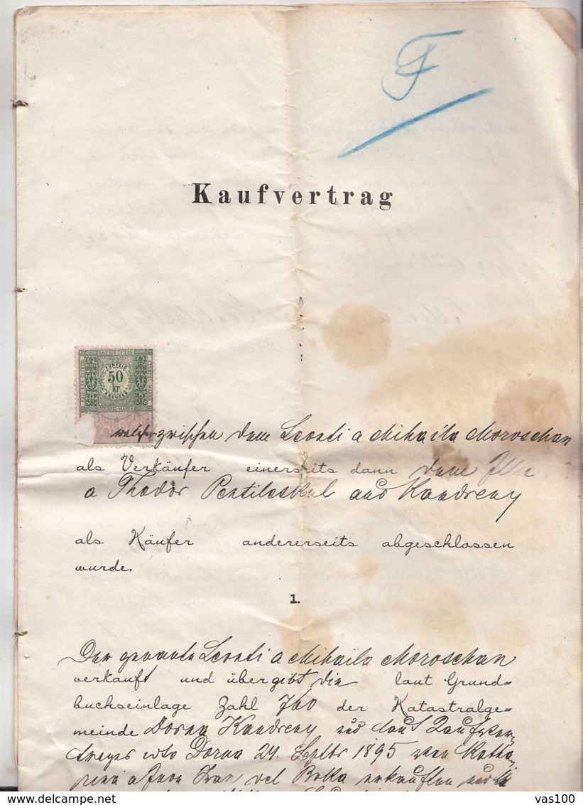 PURCHASE CONTRACT, AUSTRO-HUNGARIAN OCCUPATION IN BUKOVINA, REVENUE STAMP, 1896, AUSTRIA