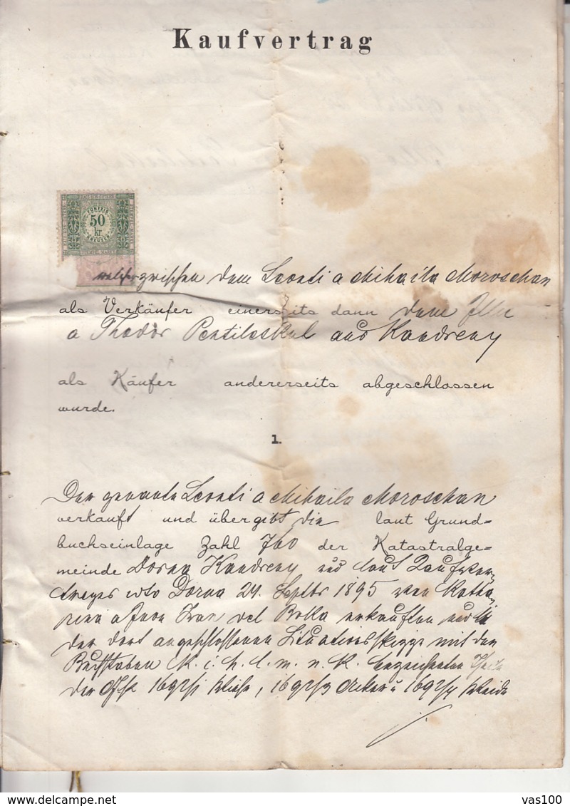 PURCHASE CONTRACT, AUSTRO-HUNGARIAN OCCUPATION IN BUKOVINA, REVENUE STAMP, 1896, AUSTRIA