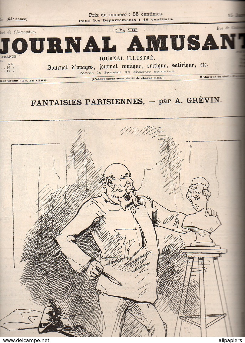 Journal Amusant N°1585 Fantaisies Parisiennes Par A. Grévin - Au Pays Par B. Gautier - Paris Sous La Neige Par Henriot - 1850 - 1899