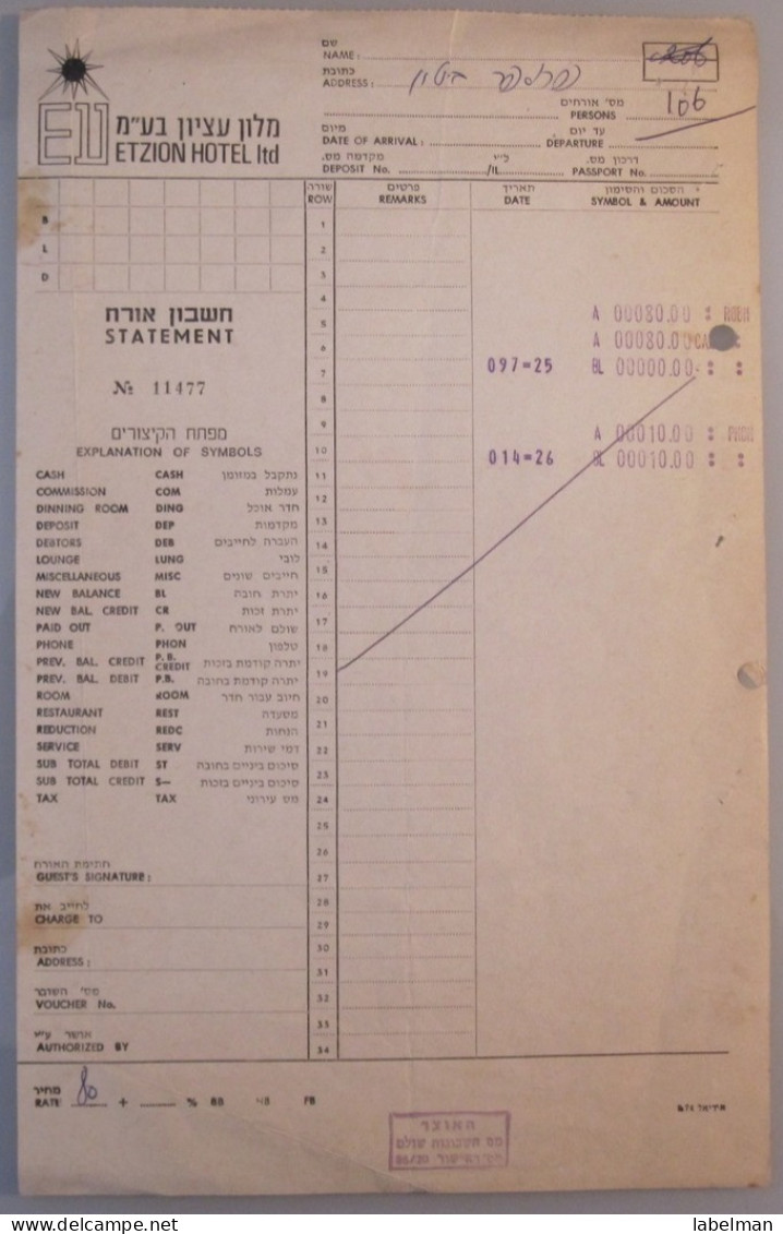 ISRAEL PALESTINE HOTEL PENSION REST GUEST INN HOUSE ETZION RED SEA EILAT BILL INVOICE RECEIPT VOUCHER - Manuscripts