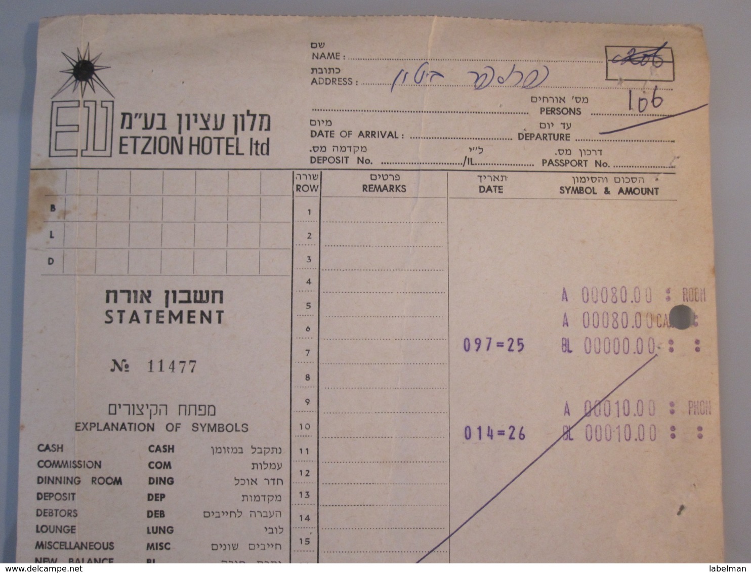 ISRAEL PALESTINE HOTEL PENSION REST GUEST INN HOUSE ETZION RED SEA EILAT BILL INVOICE RECEIPT VOUCHER - Manuscripts