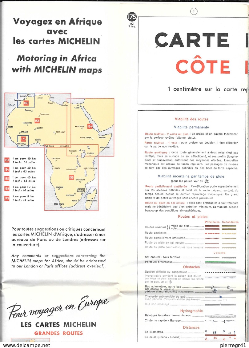 CARTE-ROUTIERE-MICHELIN-N °175-1971-7e Edit-COTE D IVOIRE-Env D ABIDJAN--TBE -RARE - Cartes Routières