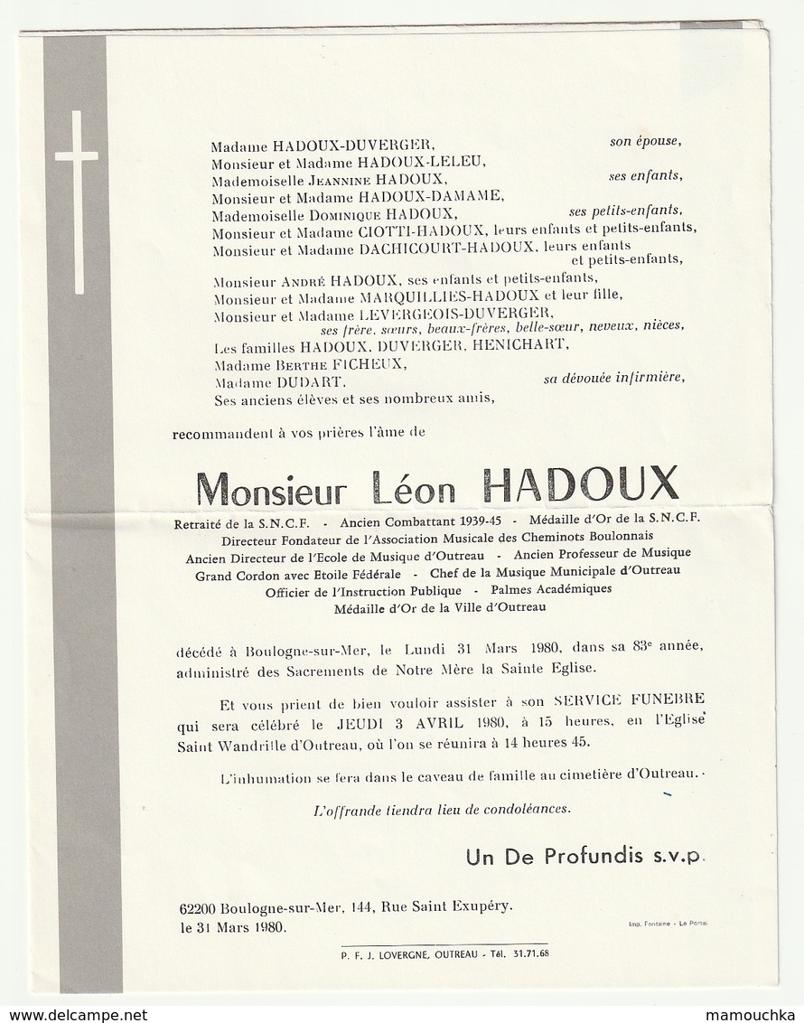 Faire-part Décès Léon HADOUX Boulogne-sur-Mer 1980 Retraité S.N.C.F. Combattant 39-45 Directeur Musique Outreau - Décès