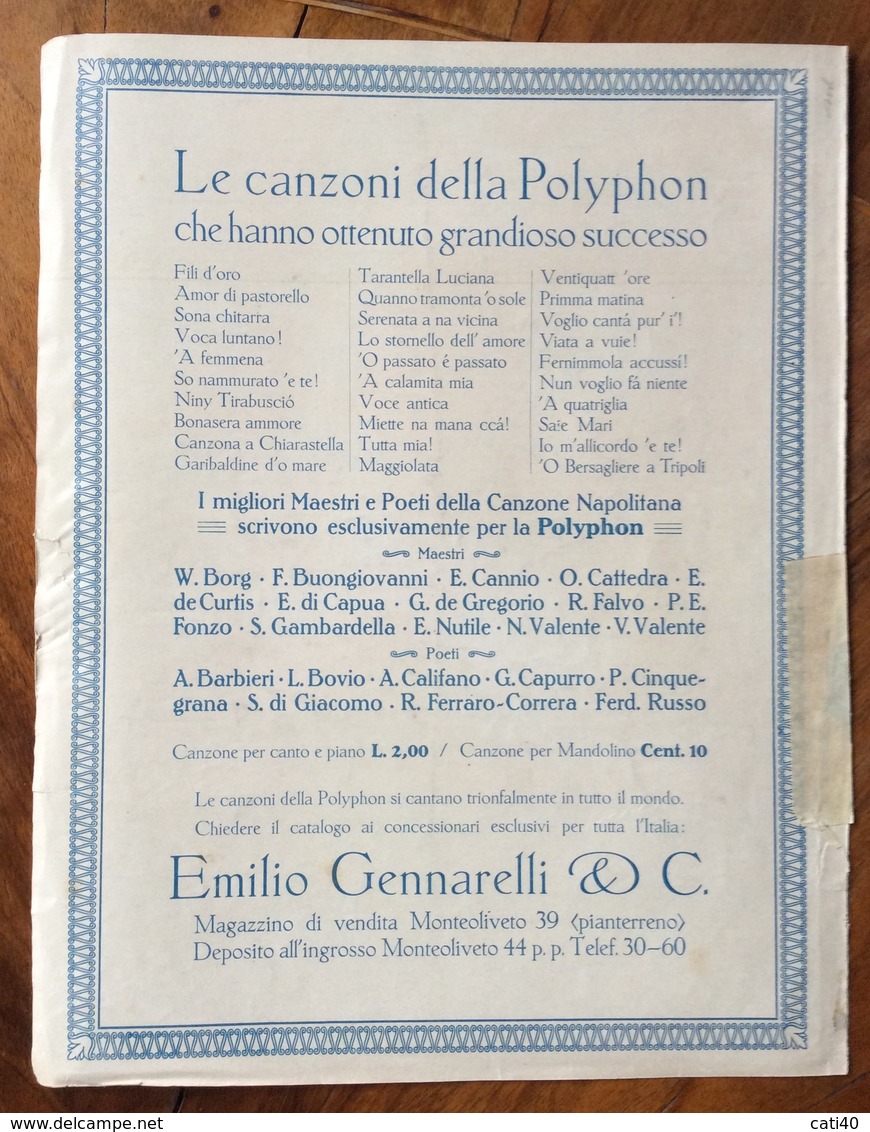 SPARTITO MUSICALE VINTAGE Le Canzoni Della POLYPHON  FILI D'ORO Di Capurro-Buopngiovanni  Ed. E.GENNARELLI & C. NAPOLI - Volksmusik