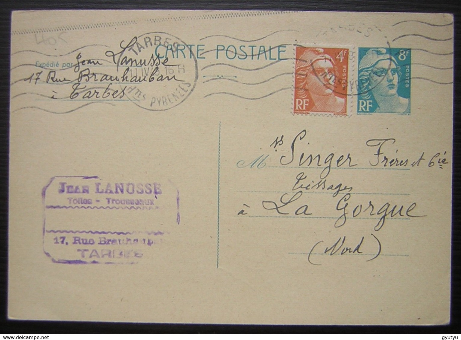 Tarbes 1949 Jean Lanusse Toiles Trousseaux  Carte De Commande Pour Singer à La Gorgue - 1921-1960: Période Moderne