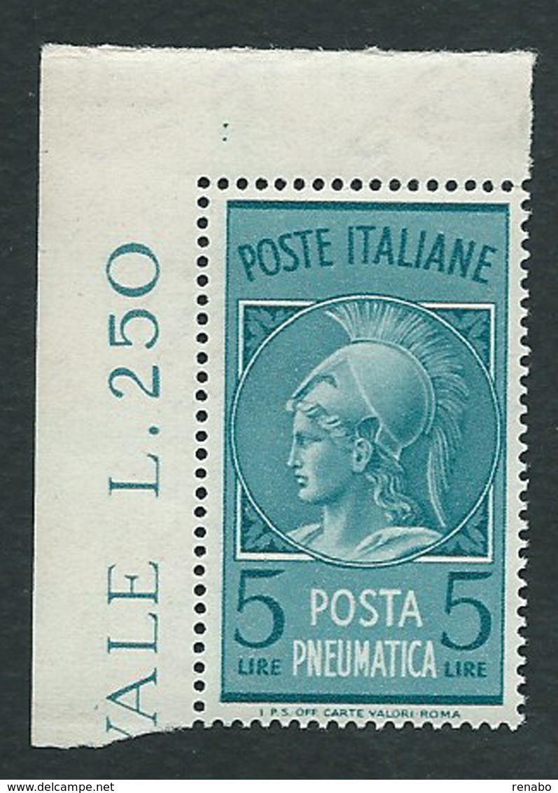 Italia 1947; Posta Pneumatica Lire 5, Francobollo D' Angolo, Nuovo. - Posta Espressa/pneumatica