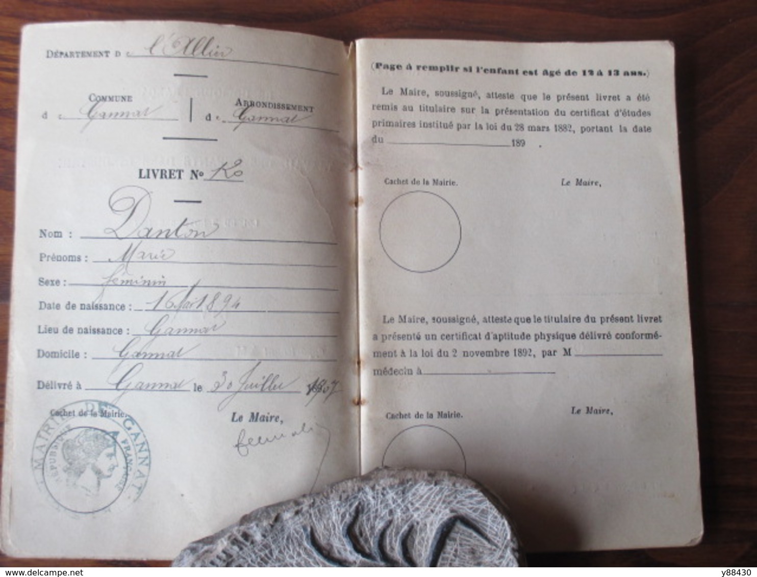 Livret Personnel De L'enfanf à GANNAT. Allier - Année 1907 - TRAVAIL DES ENFANTS DANS L'INDUSTRIE - 44 Pages - 15 Photos - Décrets & Lois