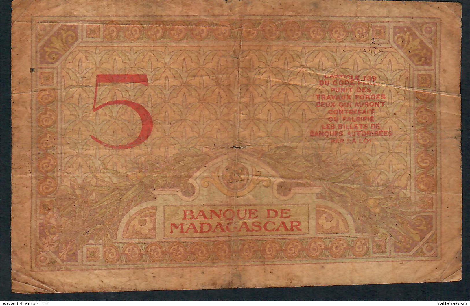 MADAGASCAR P35 5 FRANCS 1937 Chaudun/Dejouany  FINE - Madagascar