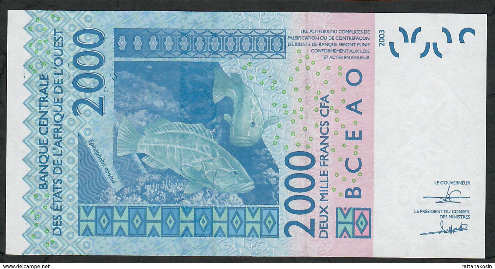 W.A.S. P916Sq 2000 FRANCS (20)17 UNC. - West African States