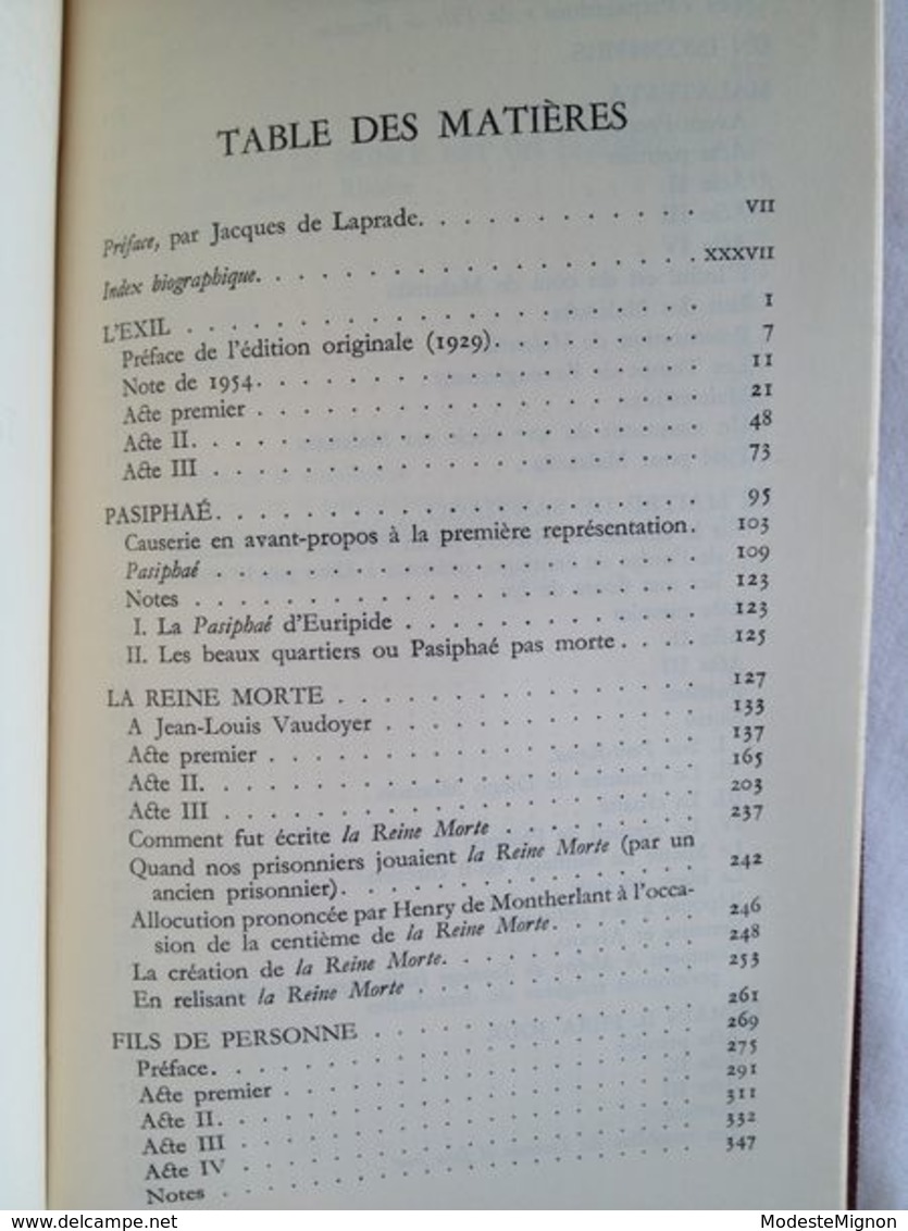 Théâtre de Montherlant. Gallimard 1955. Préface de J. de Laprade. Bibliothèque de la Pléiade