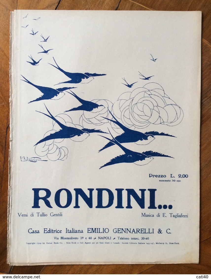SPARTITO MUSICALE VINTAGE RONDINI Di Gentili-Tagliaferri  DISEGNATORE  BALDANTONI  ED. E.GENNARELLI & C. NAPOLI - Musique Folklorique